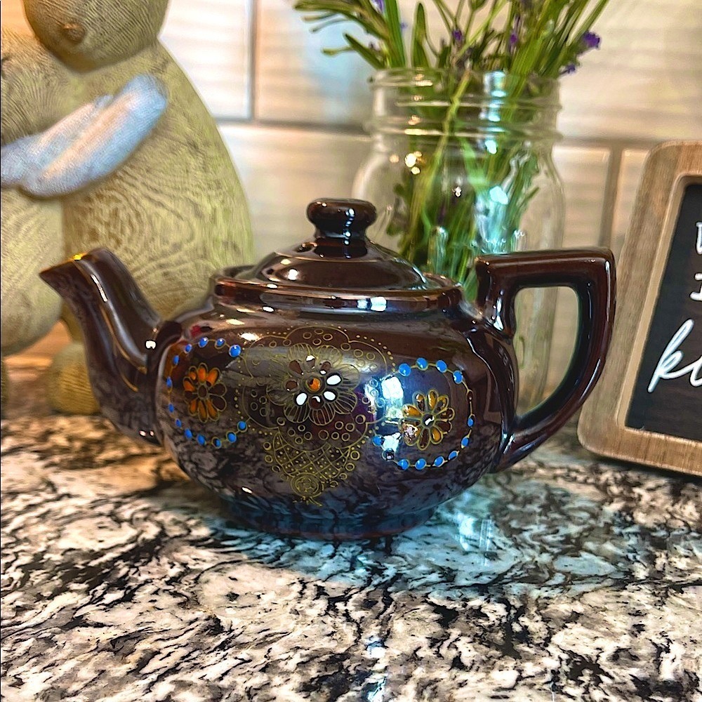 Vintage Japanese Moriage Brown Floral Teapot Hand Painted Mid Century Terracotta